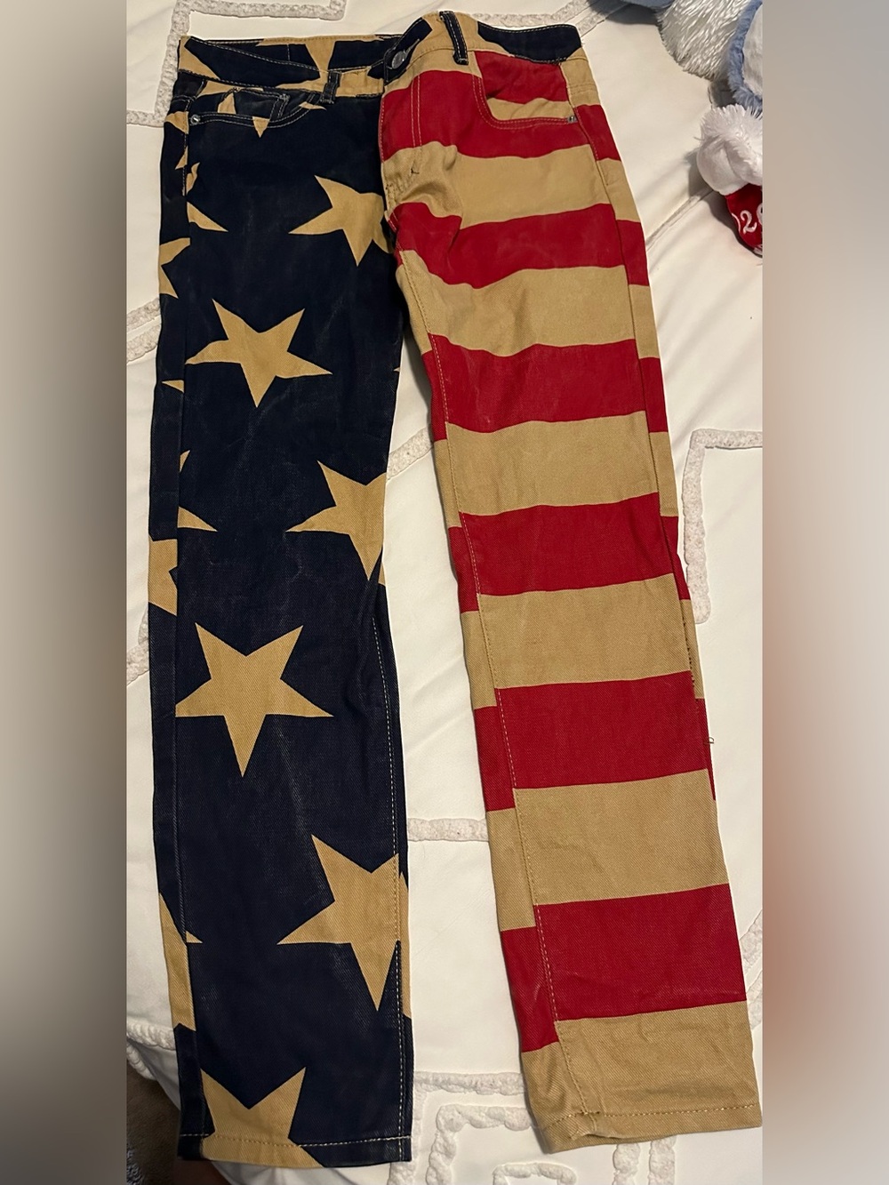 Patriotic Star & Stripe Flag Print Pants - Red, Tan, Navy